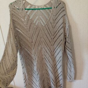 Cato Women's Open-Knit V-Neck Sweater Tunic in Taupe